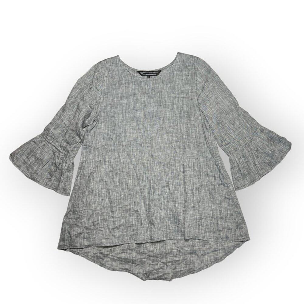 Crown Linen Designs Shirt Dress SIZE S Gray Chambray Bell Sleeve Linen